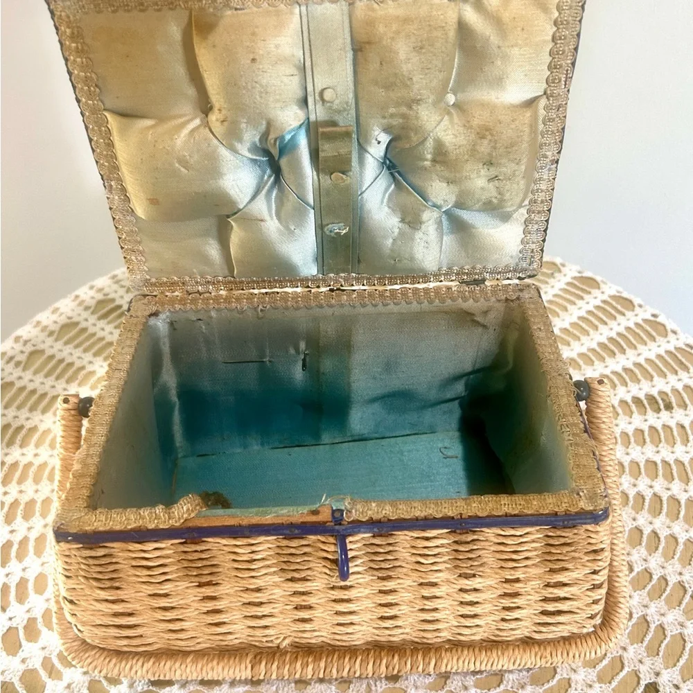Vintage Wicker & Blue Sewing Basket with Light Blue Satin Lining Cottagecore